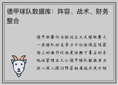 德甲球队数据库：阵容、战术、财务整合