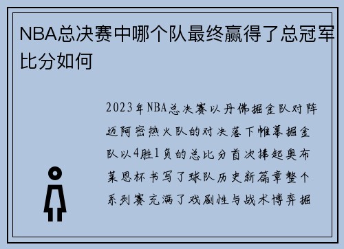 NBA总决赛中哪个队最终赢得了总冠军比分如何
